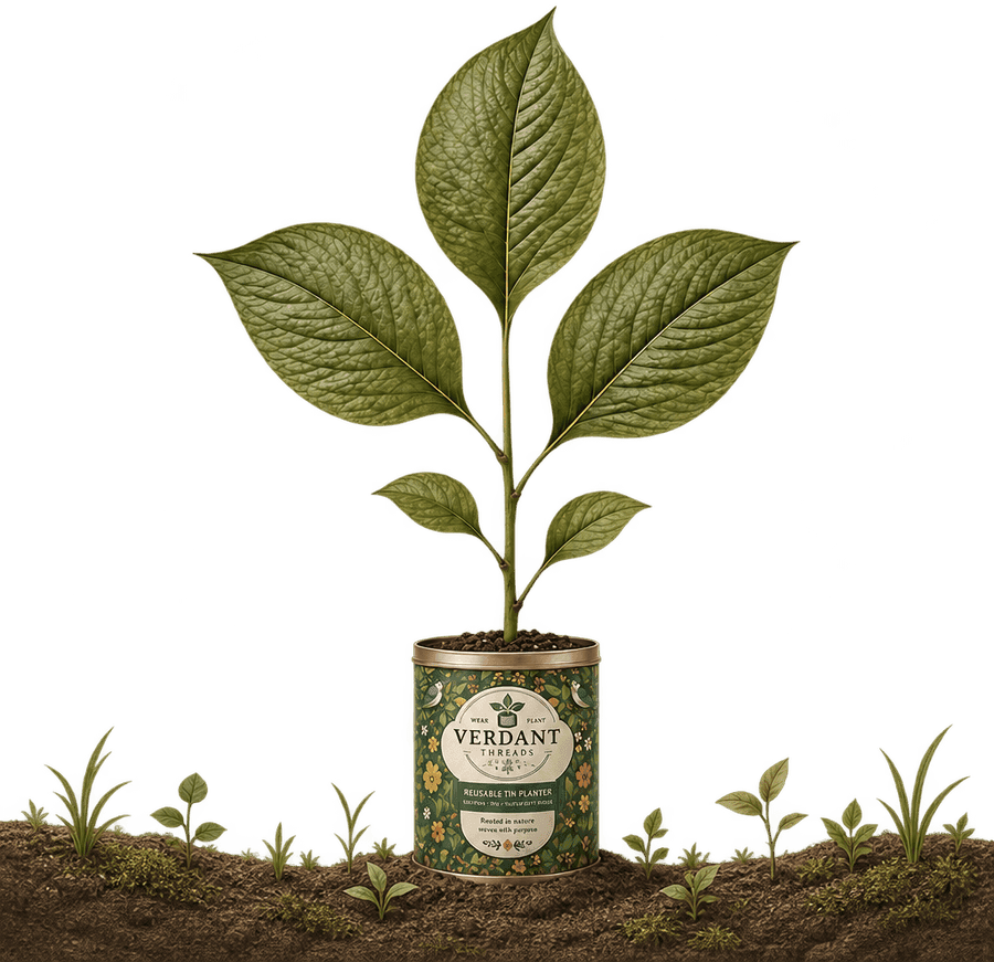 A Verdant Threads reusable tin planter with a young plant growing from it, set in a garden bed
